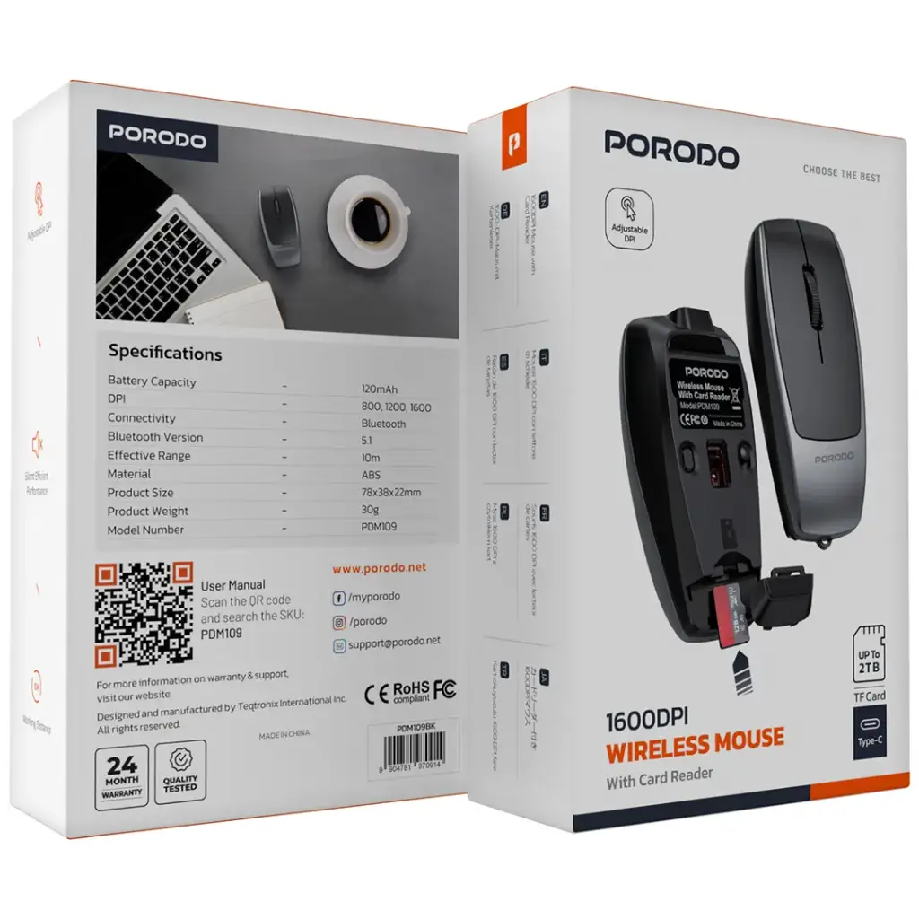 Porodo 1600DPI Wireless Mouse with Card Reader