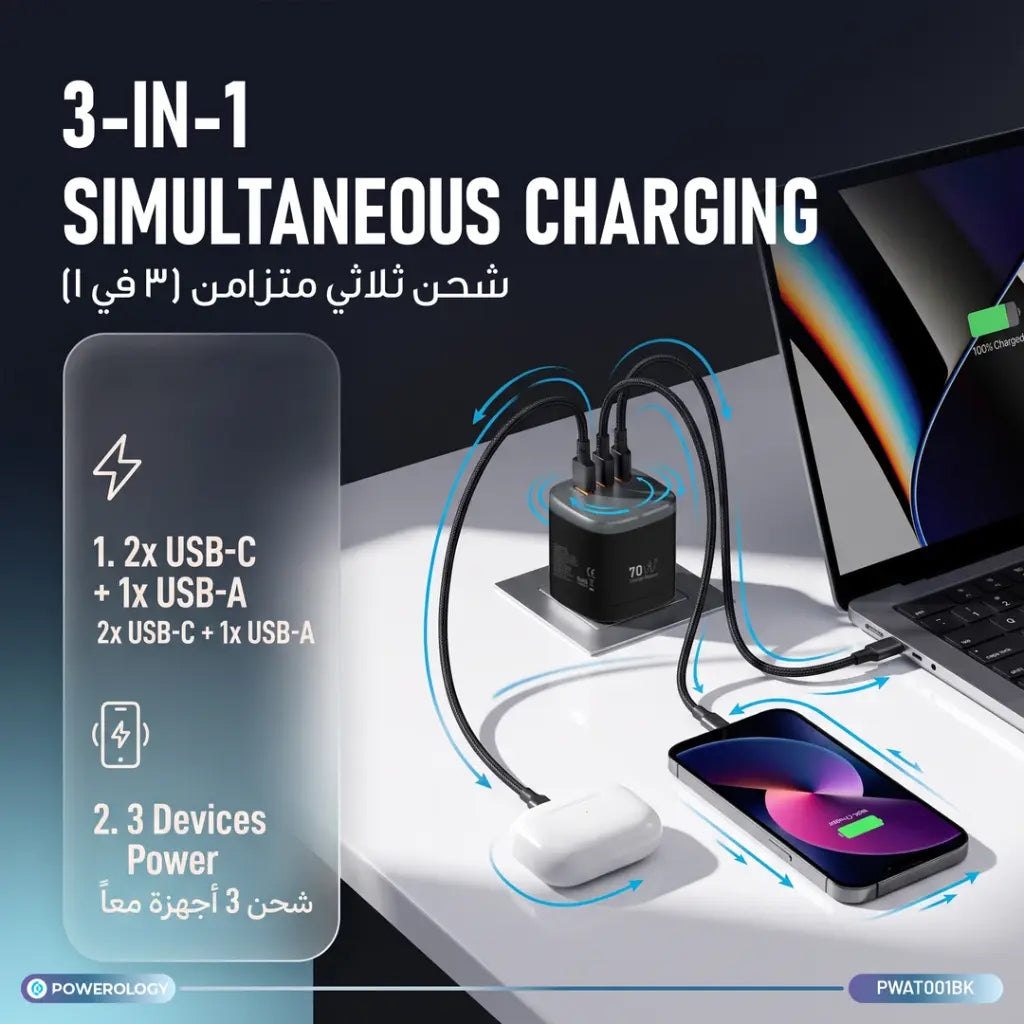 Powerology Mondial 70W GaN III Universal Travel Charger - Black