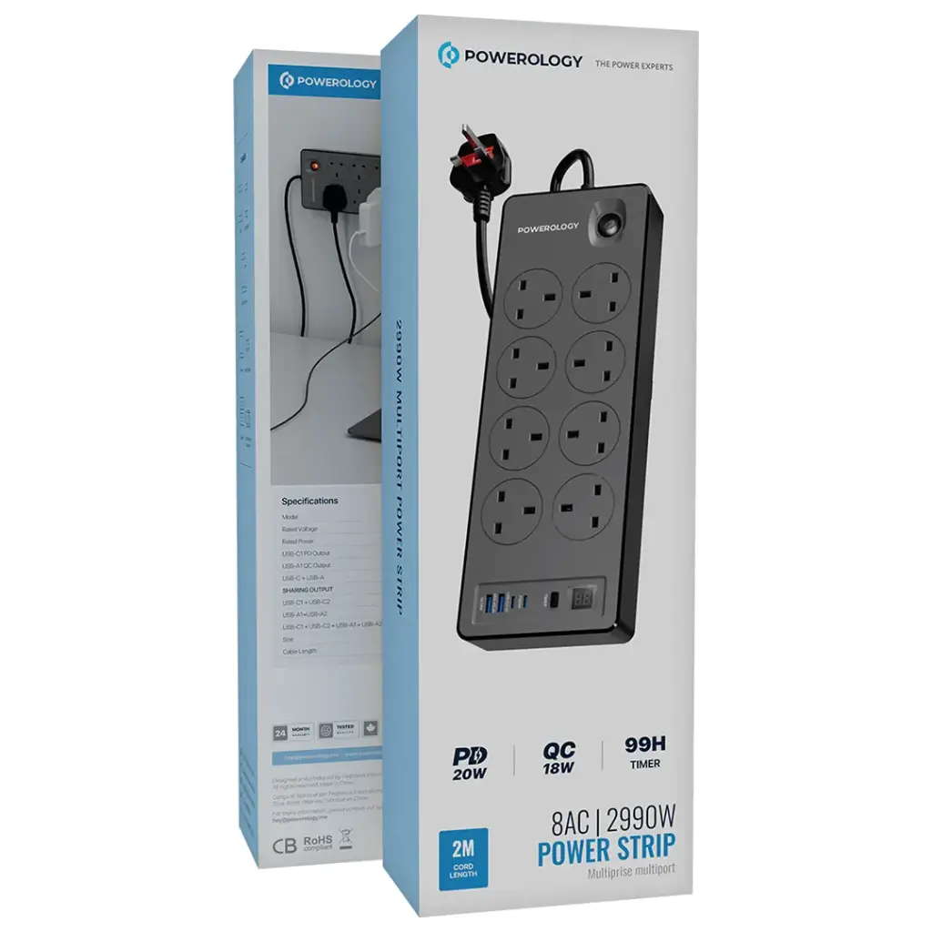 Powerology 8AC 2990W Power Strip PD 20W - Black