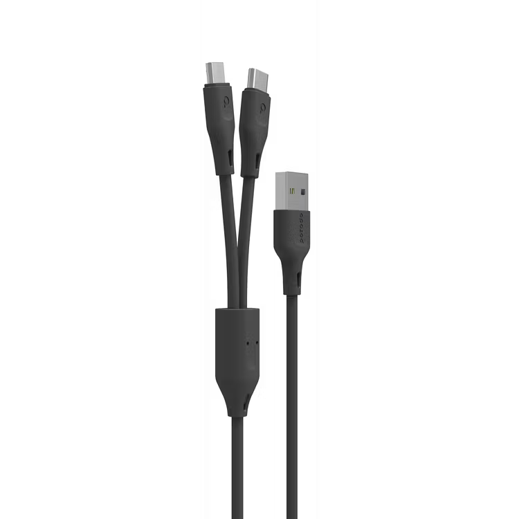 Porodo 2-in-1 USB-A Cable with Type-C & Micro USB Connectors, 1.2m Cable Length, TPE & PVC Materials, More than 5000 Bends Lifespan, 2.4A Current, Fast Charge & Data Sync - Black