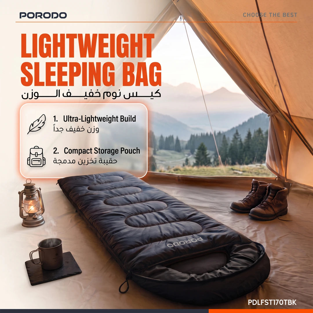 Porodo Lifestyle Lightweight Sleeping Bag with Storage Pouch - Black