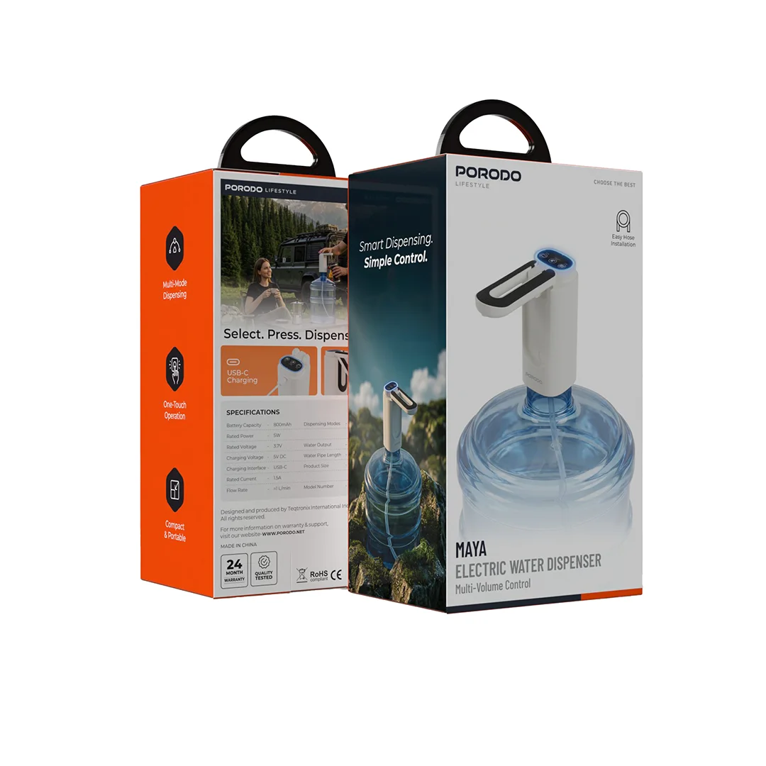 Porodo Lifestyle Maya Electric Water Dispenser with Multi-Volume Control - White & Black