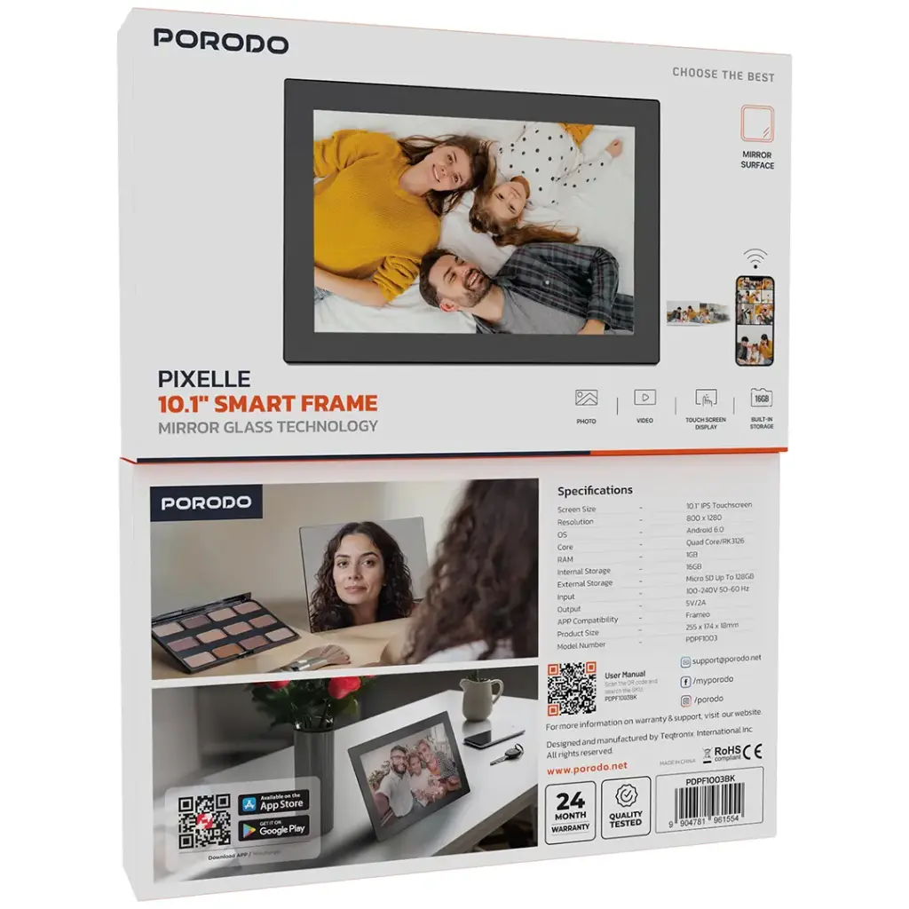 Porodo Pixelle 10.1" Smart Frame with Mirror Glass Technology - Black