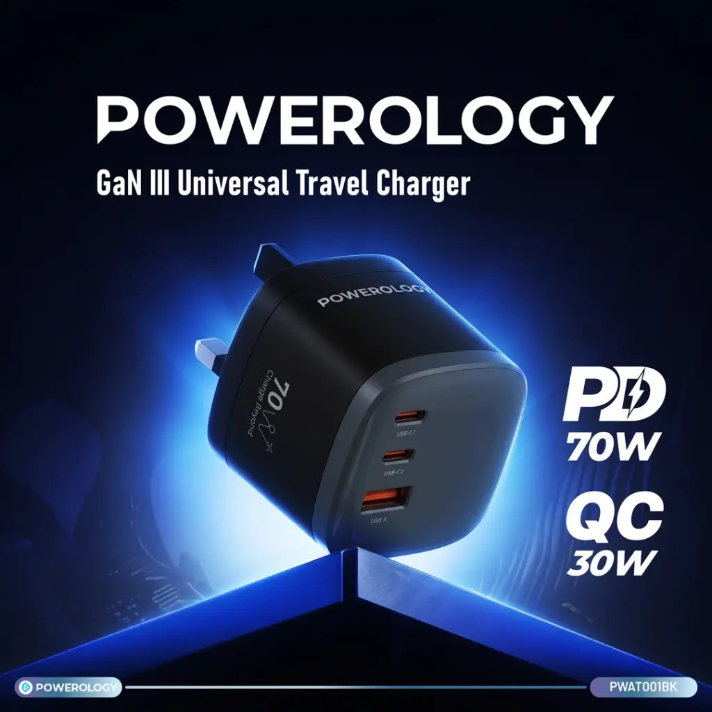 Powerology Mondial 70W GaN III Universal Travel Charger - Black