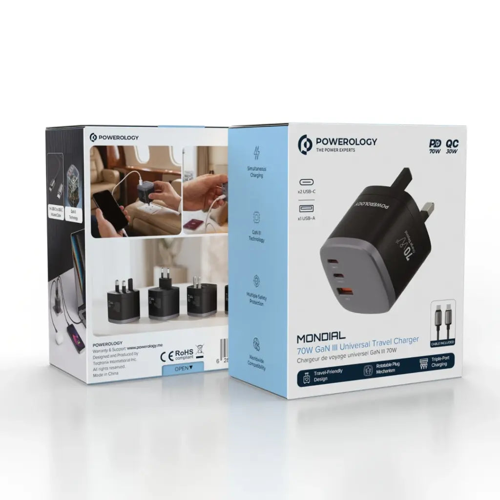Powerology Mondial 70W GaN III Universal Travel Charger - Black